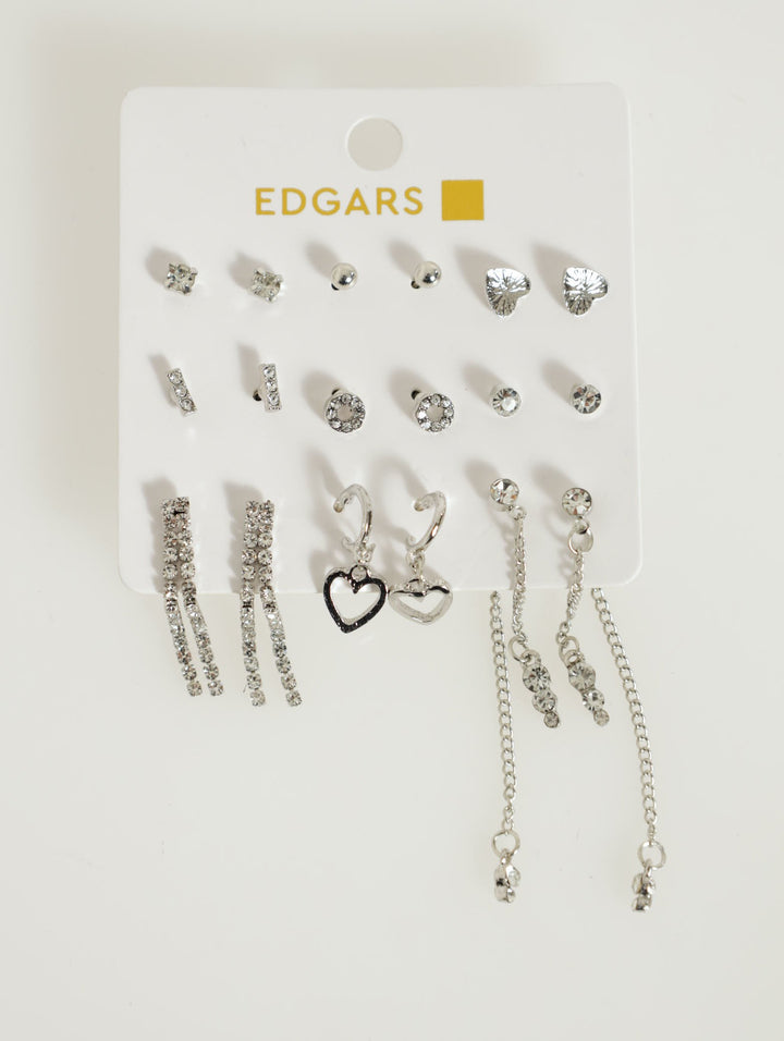 9 Pack Heart And Hanging Diamante Earrings - Silver