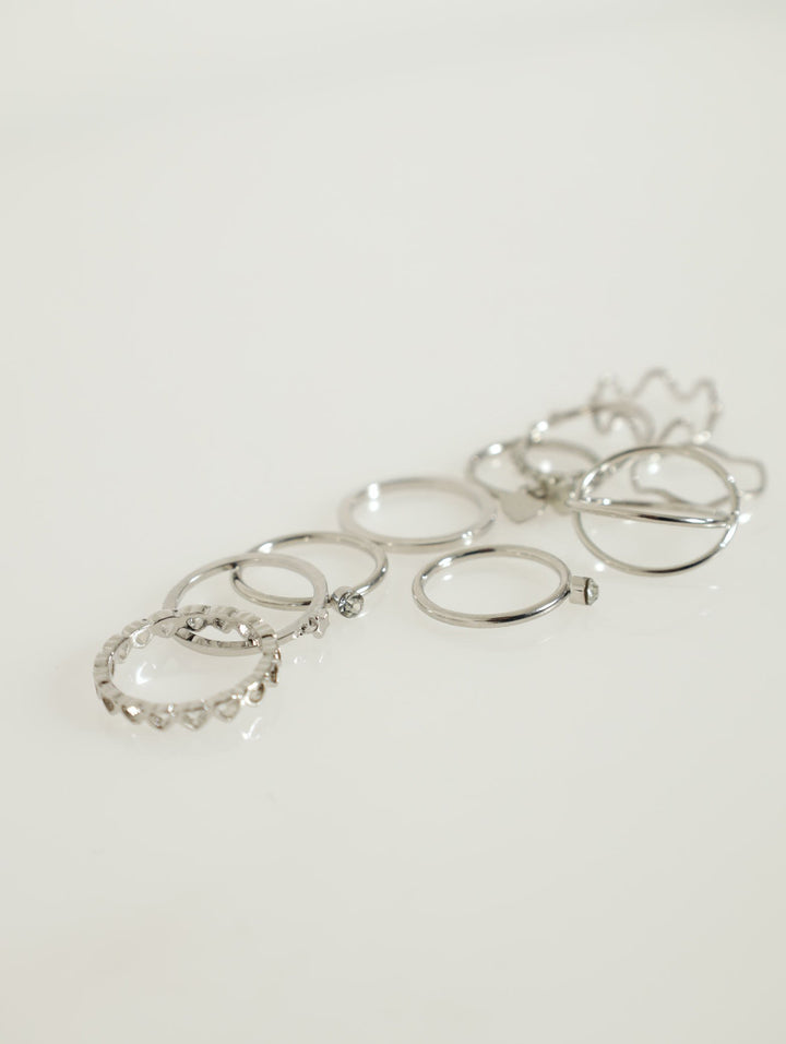 10 Pack Thin Diamante & Pattern Rings - Silver