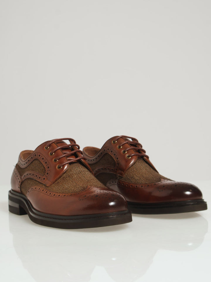 Herringbone Insert Brogued Lace Up Derby - Tan