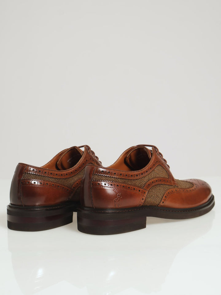 Herringbone Insert Brogued Lace Up Derby - Tan