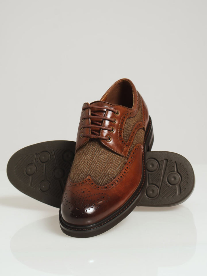 Herringbone Insert Brogued Lace Up Derby - Tan