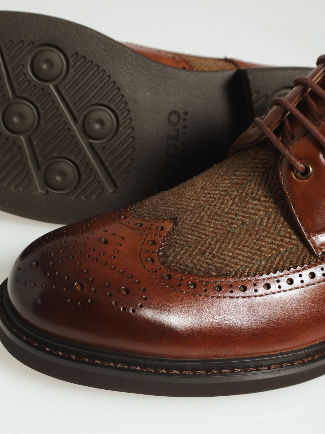 Herringbone Insert Brogued Lace Up Derby - Tan