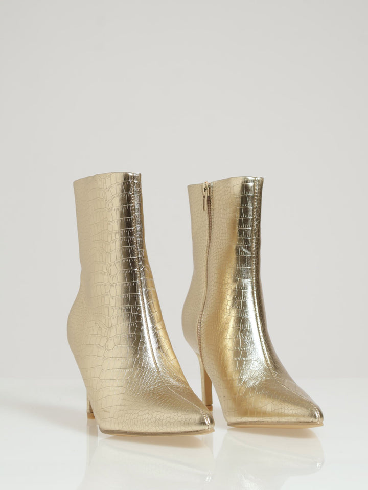 Metallic Croc Pointed Toe Ankle Boot - Gold