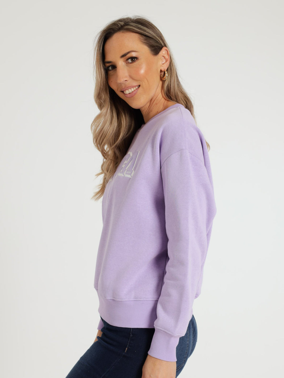 Patched College Crew Sweater - Purple