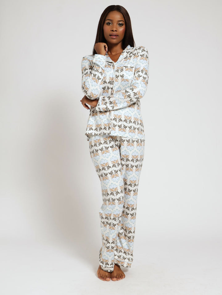 Long Sleeve Button Through Shawl Collar Pj Set - Cream