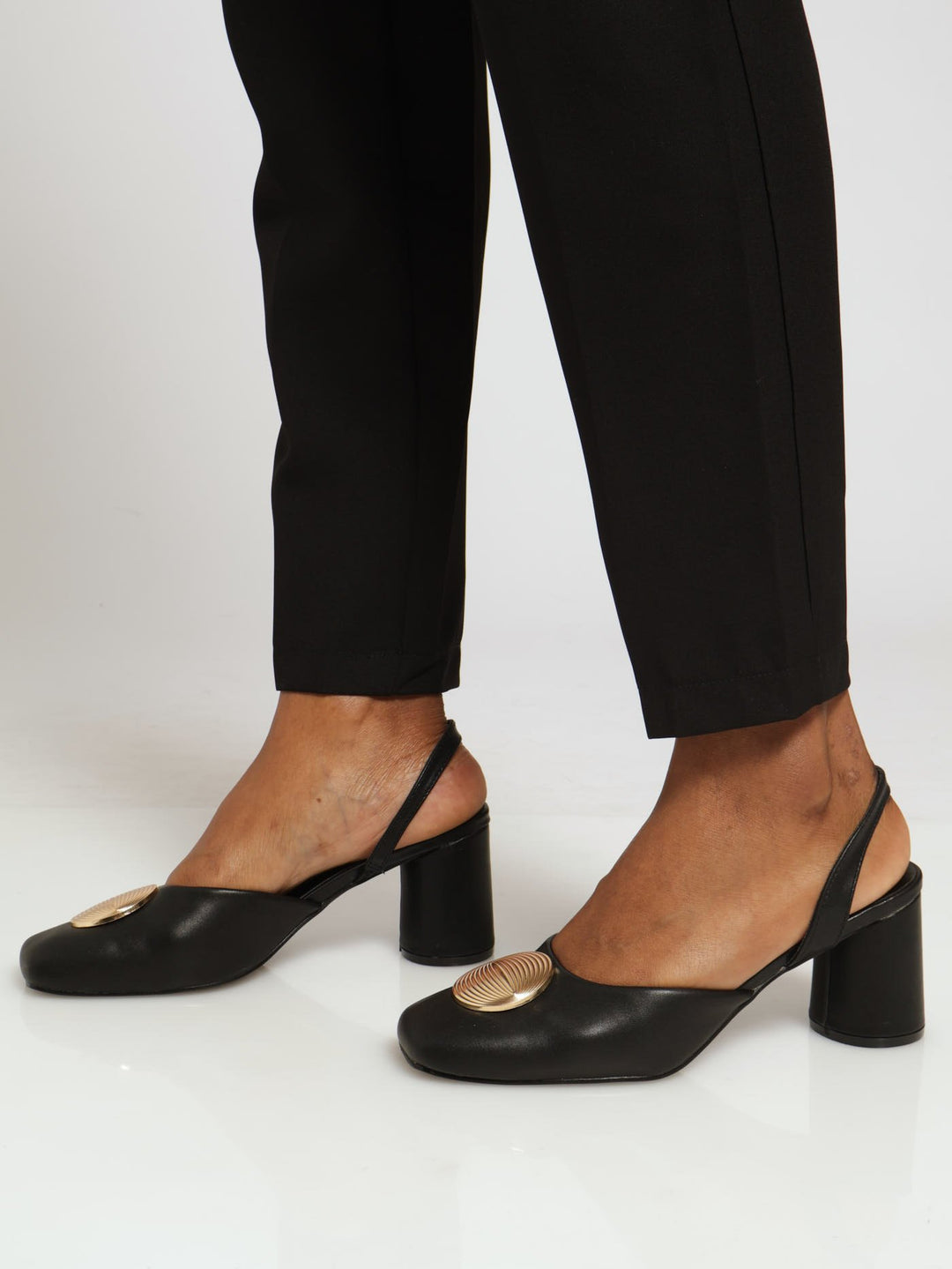 Square To Slingback Heels With Gold Trim - Black