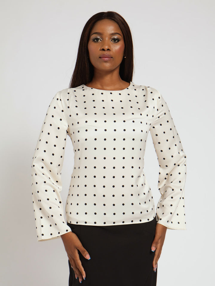 Long Sleeve Satin Pleat Detail Poka Dot Blouse - Black/White