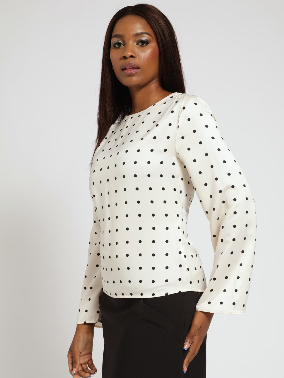 Long Sleeve Satin Pleat Detail Poka Dot Blouse - Black/White