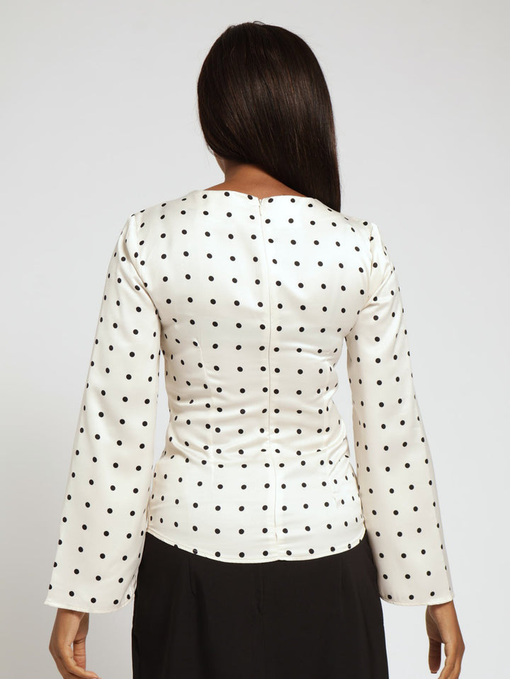 Long Sleeve Satin Pleat Detail Poka Dot Blouse - Black/White