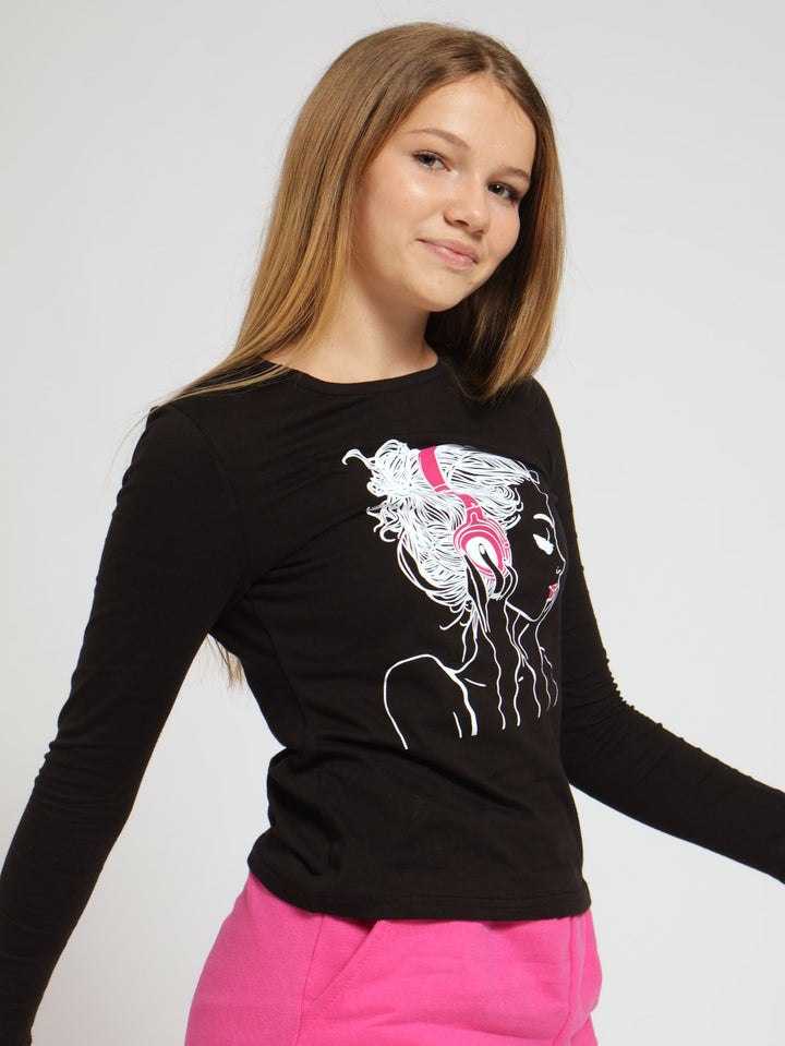 Girls Long Sleeve Face Regular Tee - Black