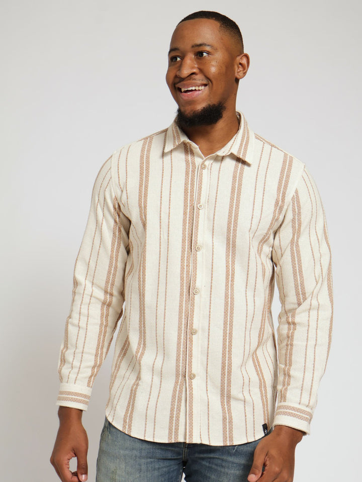 Long Sleeve Ecru Waffle Stripe Shirt - Off White