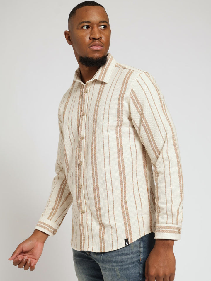 Long Sleeve Ecru Waffle Stripe Shirt - Off White