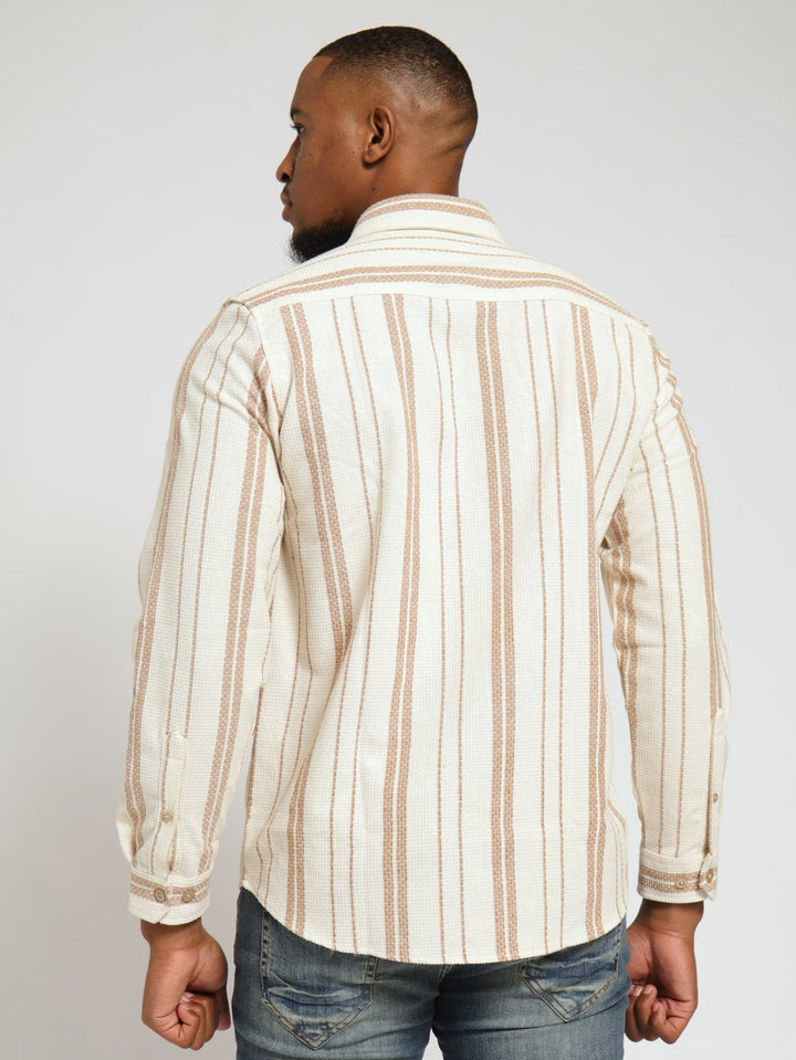 Long Sleeve Ecru Waffle Stripe Shirt - Off White