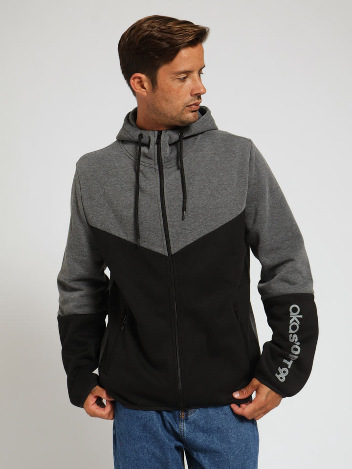 Colour Block Zip Hoody - Charcoal Melange