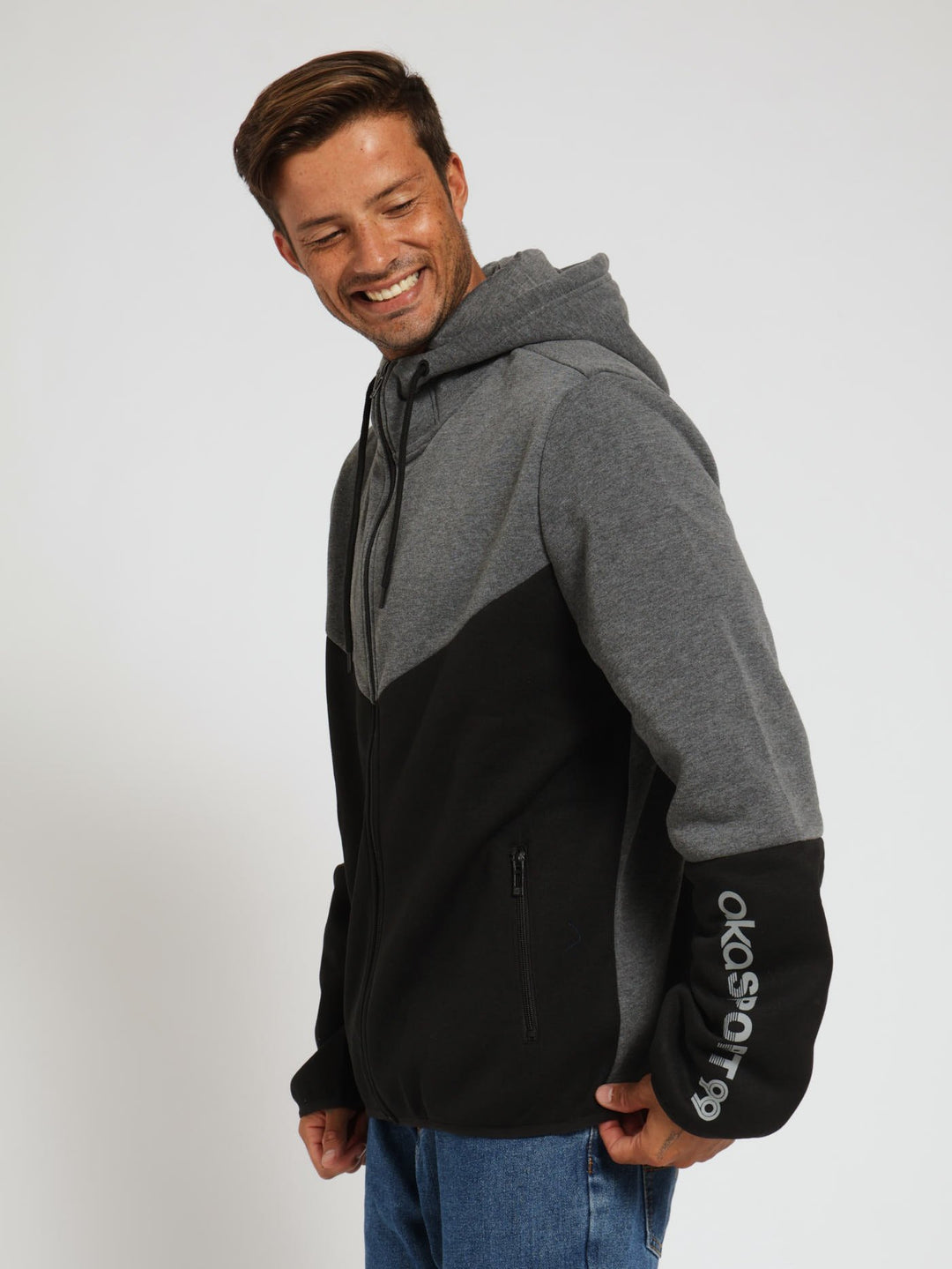 Colour Block Zip Hoody - Charcoal Melange