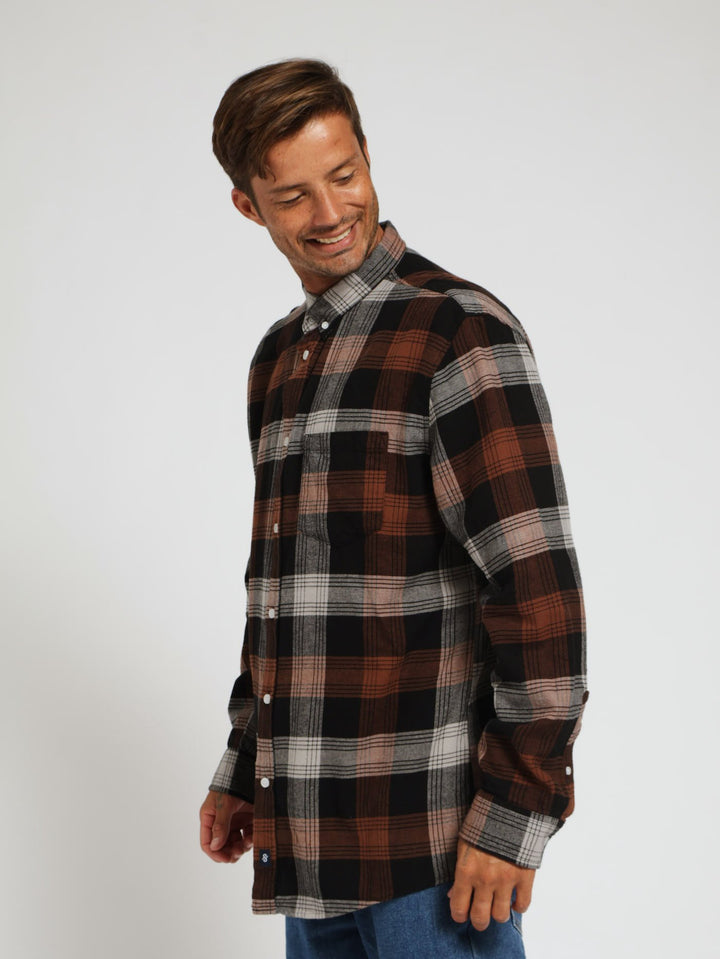 Long Sleeve Brushed Check Shirt - Brown