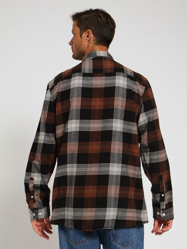 Long Sleeve Brushed Check Shirt - Brown