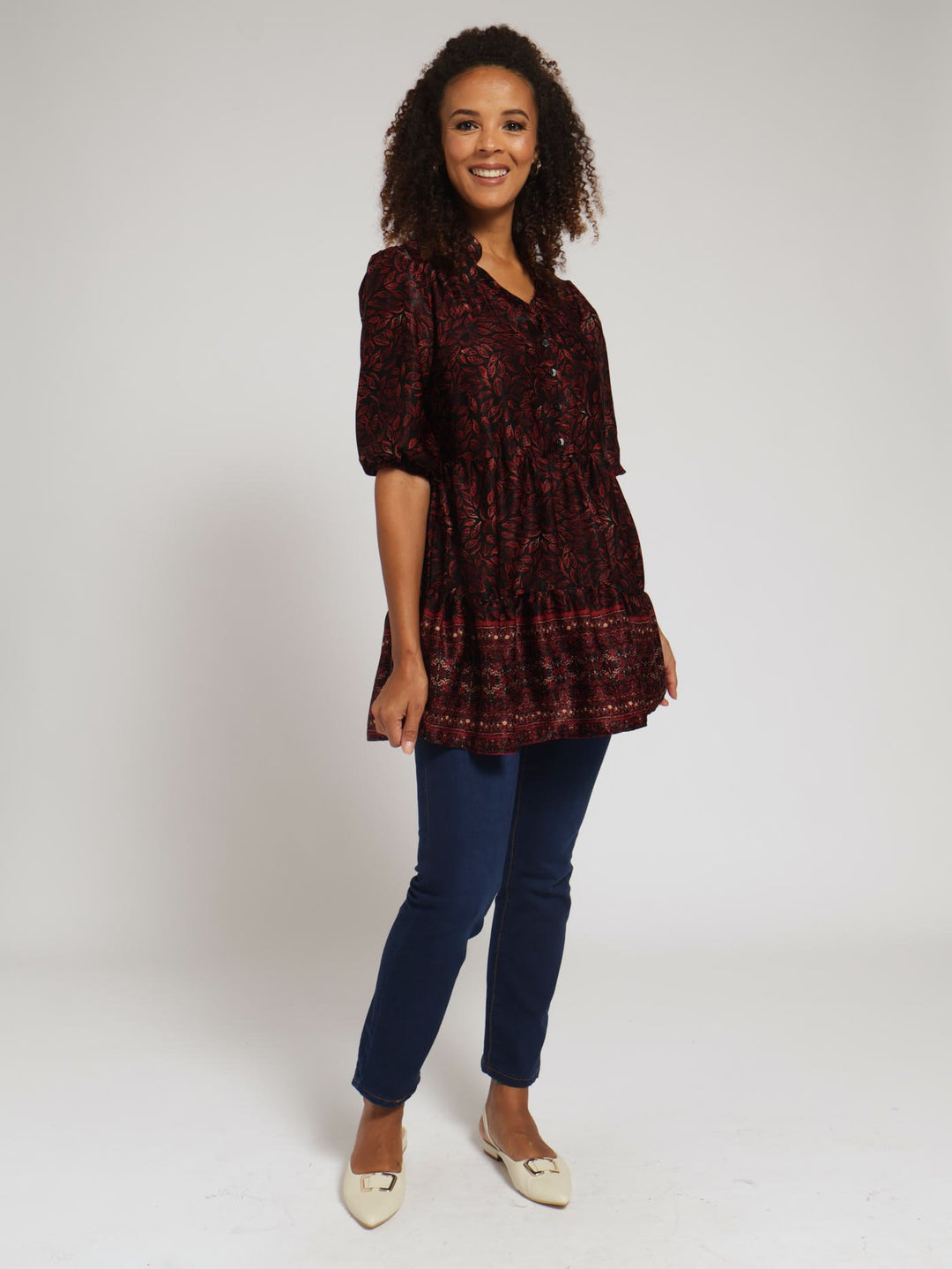 Multi Print Tunic Top - Burgundy