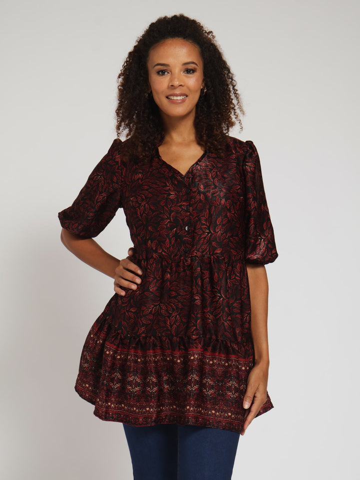 Multi Print Tunic Top - Burgundy