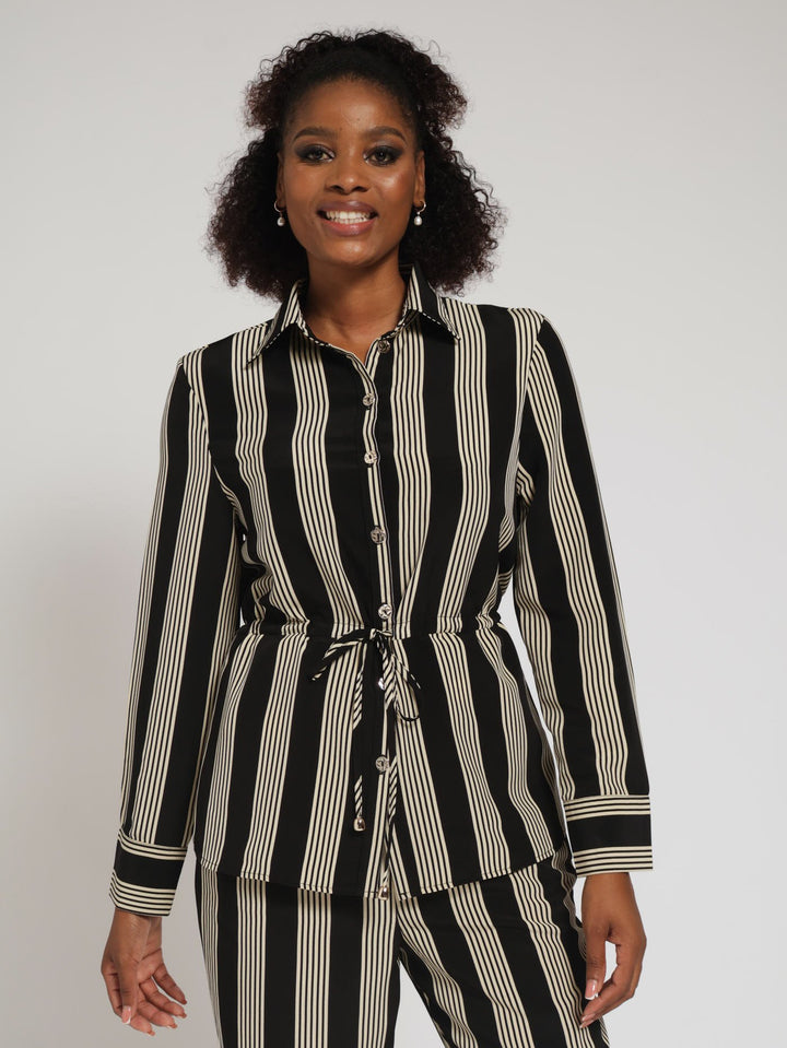 Draw String Stripe Shirt - Black/Beige