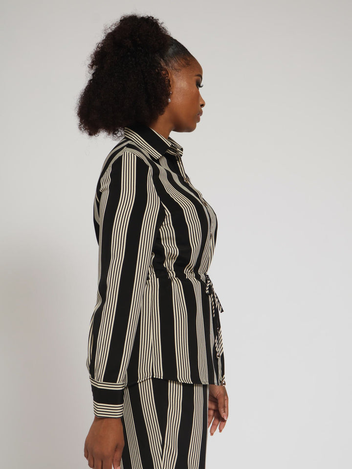 Draw String Stripe Shirt - Black/Beige