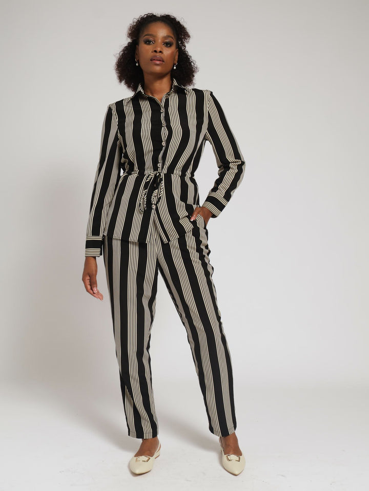 Draw String Stripe Shirt - Black/Beige