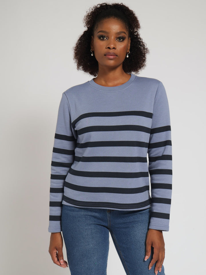 Fleece Striped Pullover - Navy/Blue