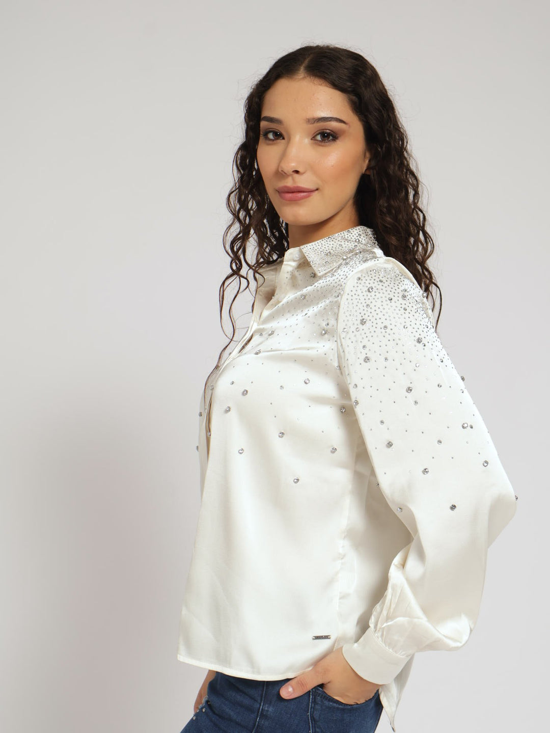 Long Sleeve Satin Shirt With Scattered Diamante Trim - Cream