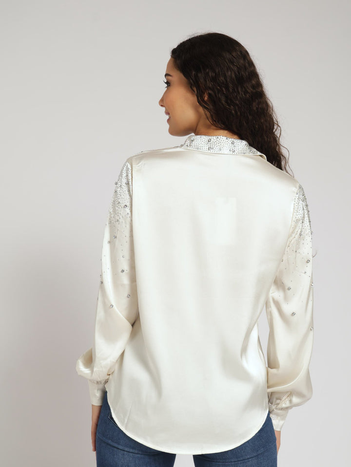 Long Sleeve Satin Shirt With Scattered Diamante Trim - Cream