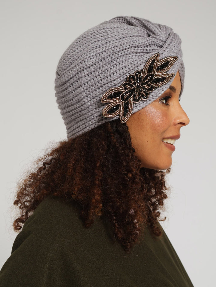 Embellished Knitted Turban - Grey