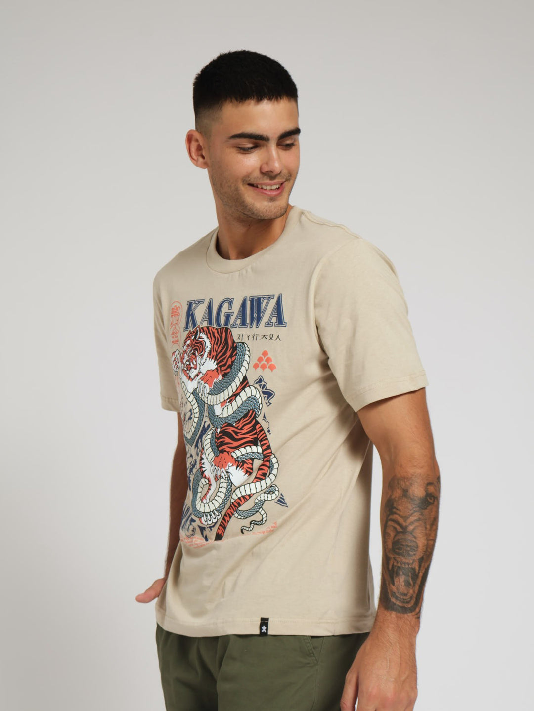 Kagawa Tiger Front & Back Tee - Light Stone