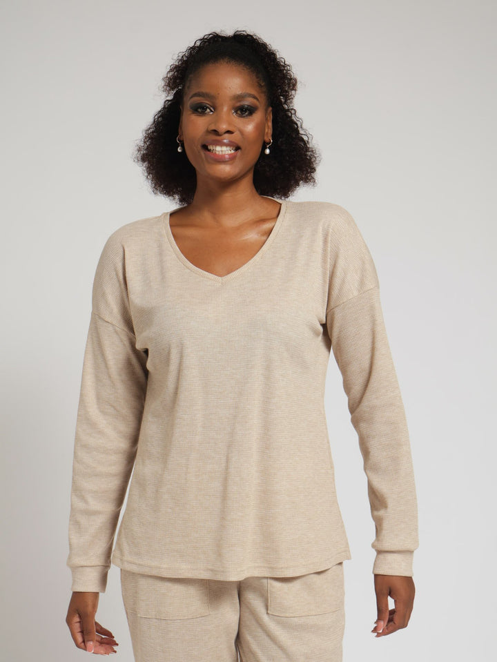 Long Sleeve Pj Waffle Textured Pullover - Oat Melange