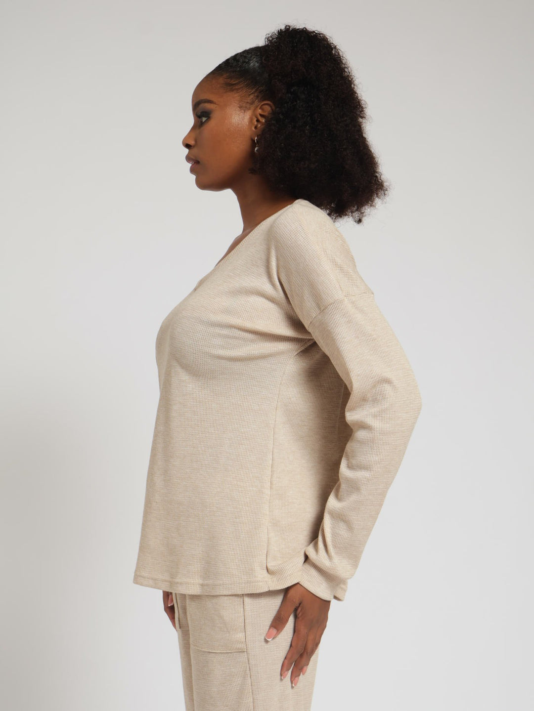 Long Sleeve Pj Waffle Textured Pullover - Oat Melange