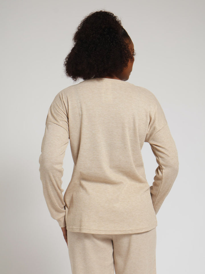 Long Sleeve Pj Waffle Textured Pullover - Oat Melange