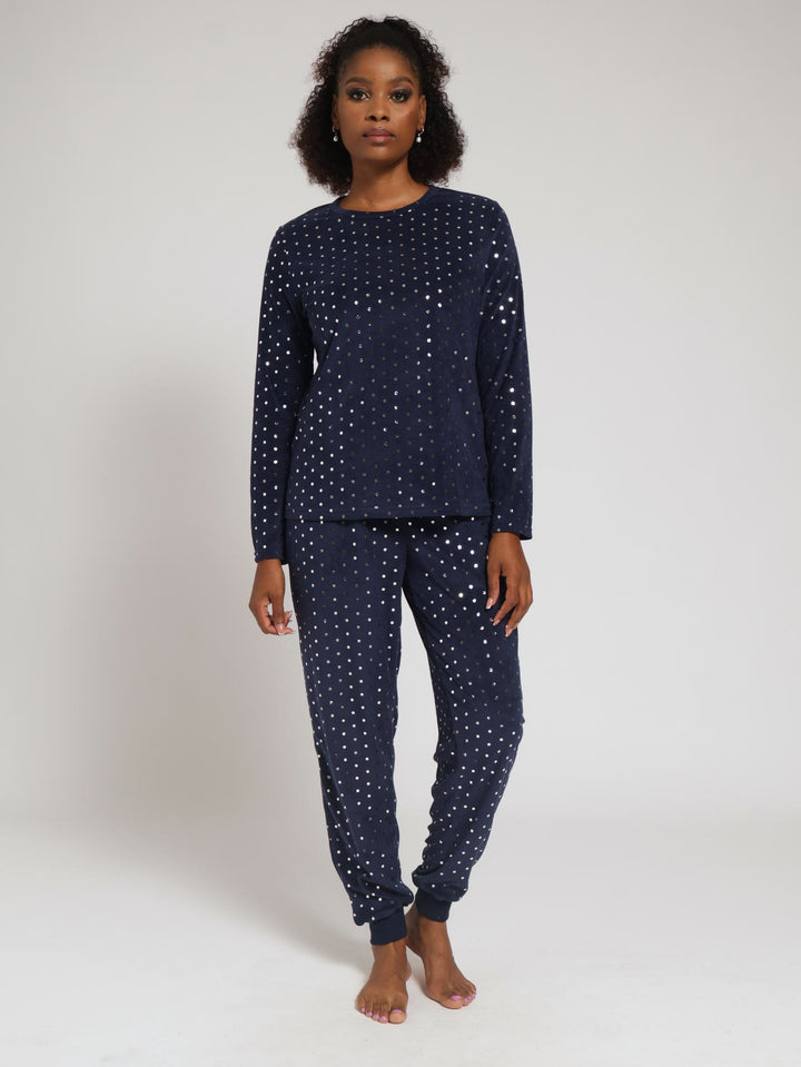 Long Sleeve Foil Star Velour Jogger Pj Set  - Navy