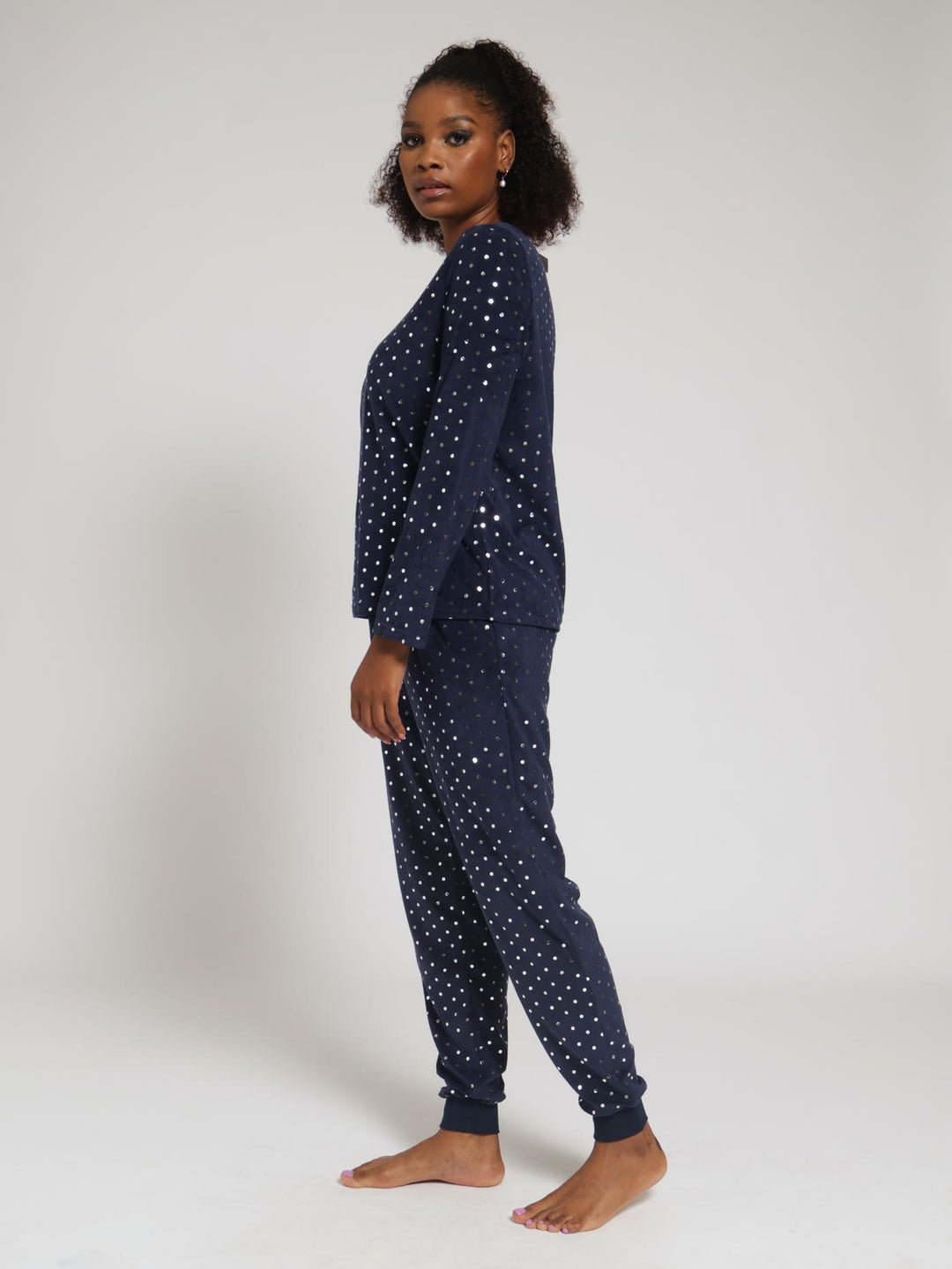 Long Sleeve Foil Star Velour Jogger Pj Set  - Navy