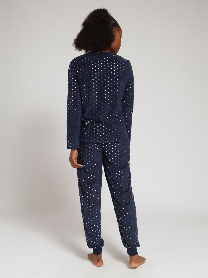 Long Sleeve Foil Star Velour Jogger Pj Set  - Navy