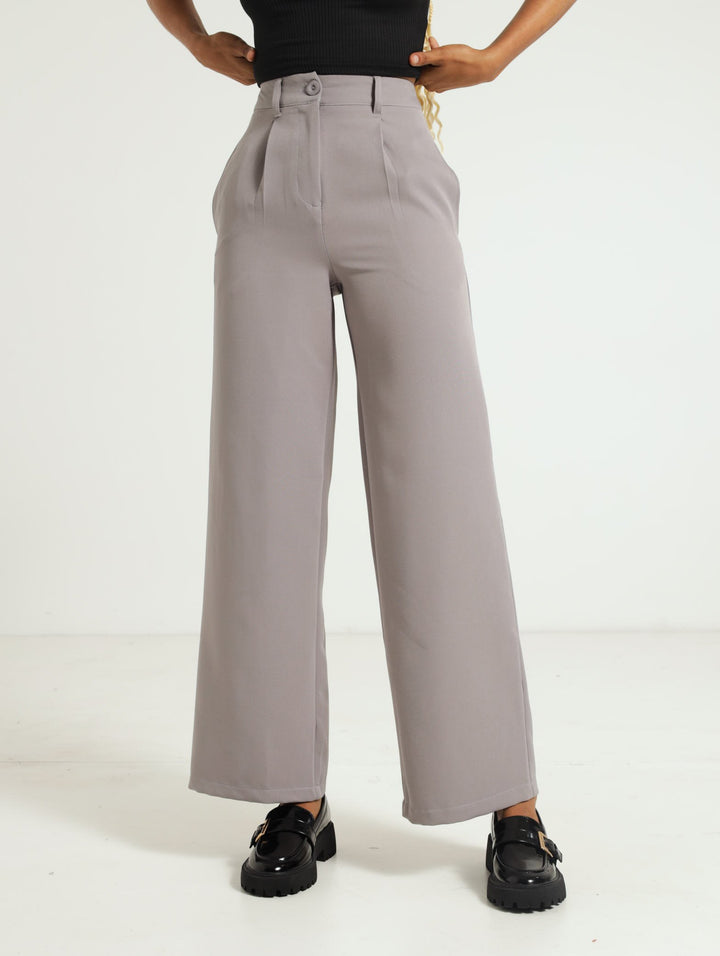 Wide Leg Pleated Trouser - Grey