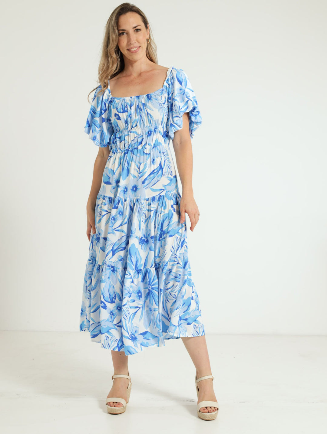 Bubble Sleeve Tiered Midi Dress - White/Blue