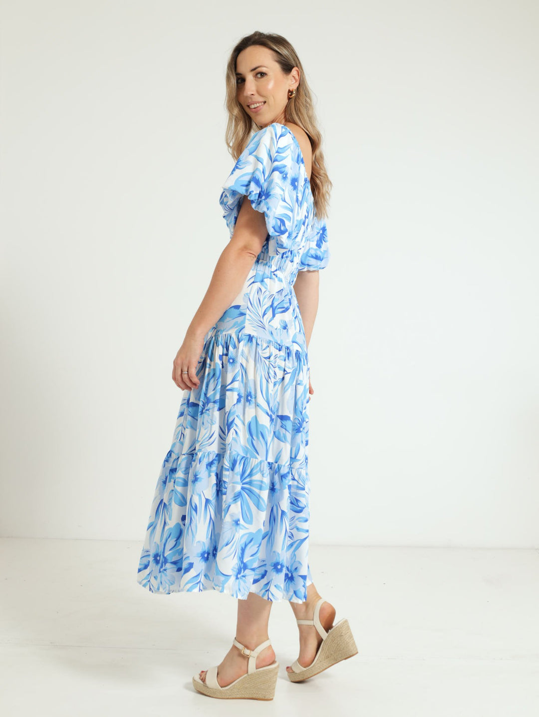 Bubble Sleeve Tiered Midi Dress - White/Blue