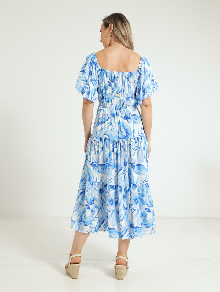 Bubble Sleeve Tiered Midi Dress - White/Blue