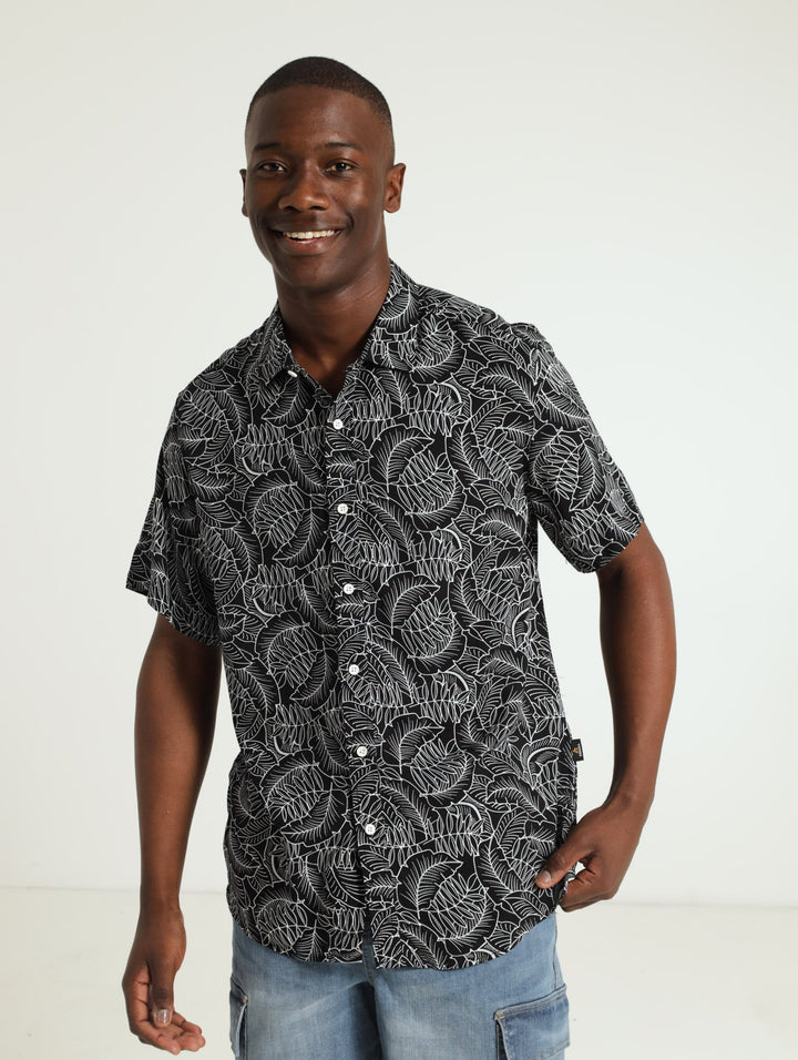 Viscose Leaf Printed Shirt - Black