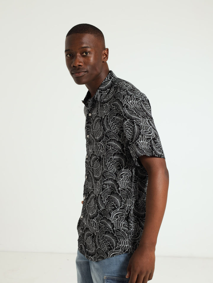 Viscose Leaf Printed Shirt - Black