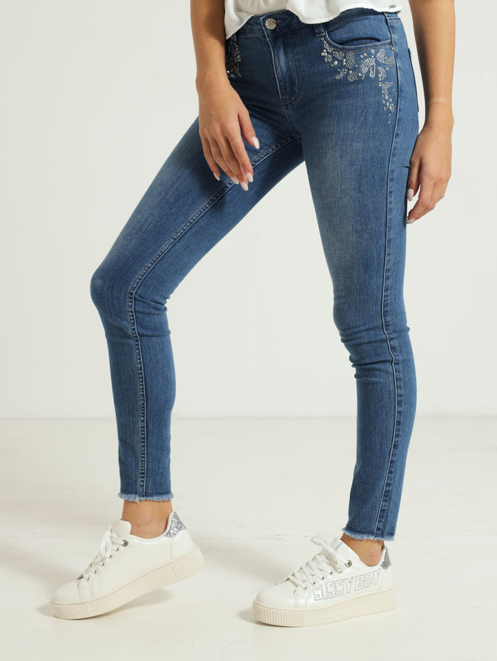 Mid Waist Skinny Jean With Bling Detail - Light Wash
