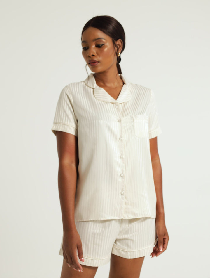 Satin Button Through Shirt & Short Sleep Set - White