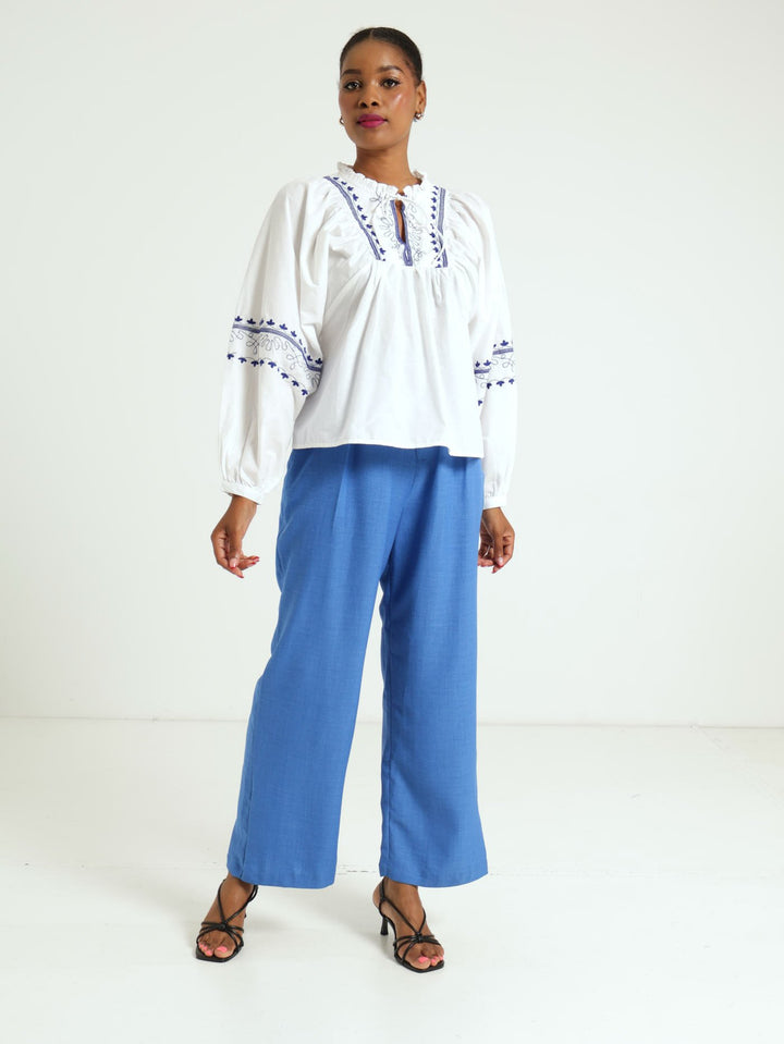 Long Sleeve Greecian Blouse - White/Blue