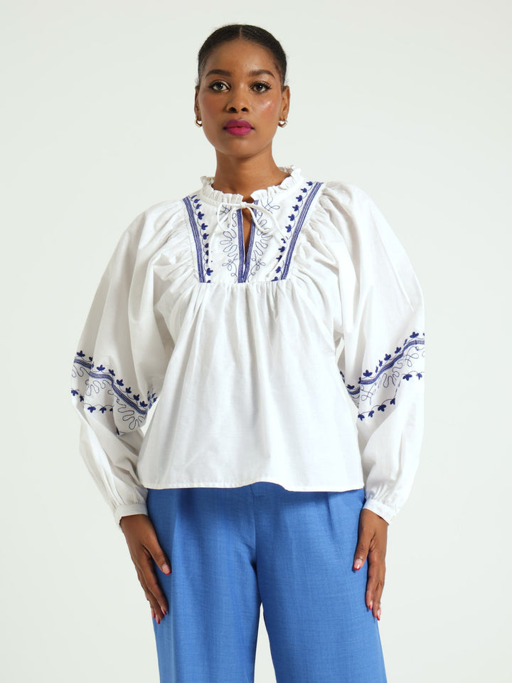 Long Sleeve Greecian Blouse - White/Blue