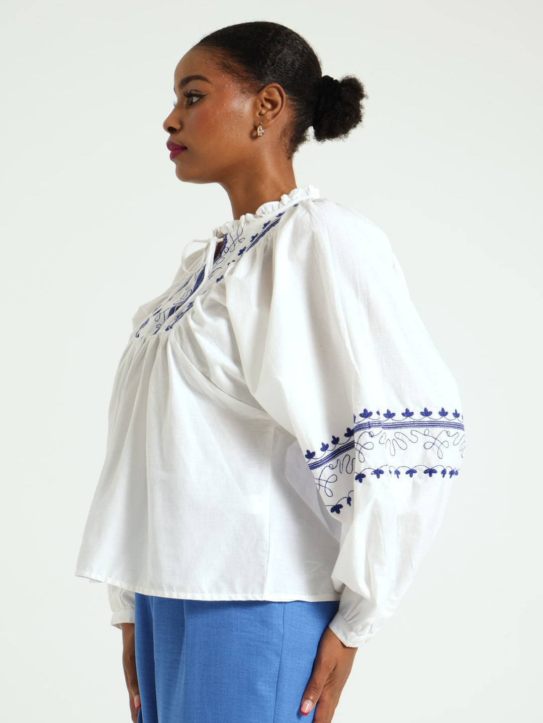 Long Sleeve Greecian Blouse - White/Blue