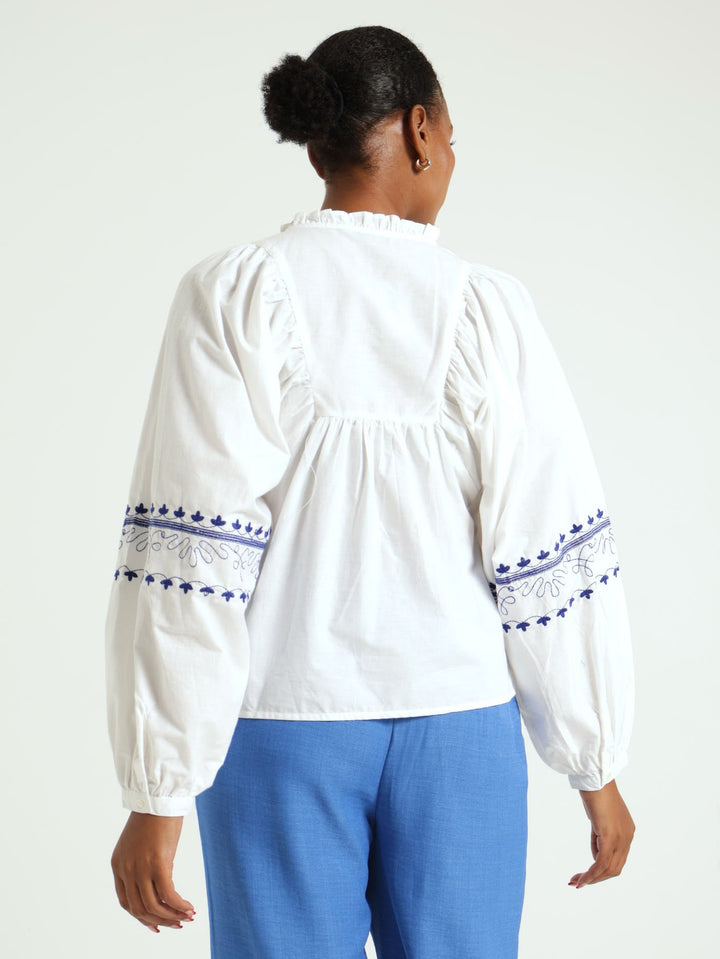 Long Sleeve Greecian Blouse - White/Blue