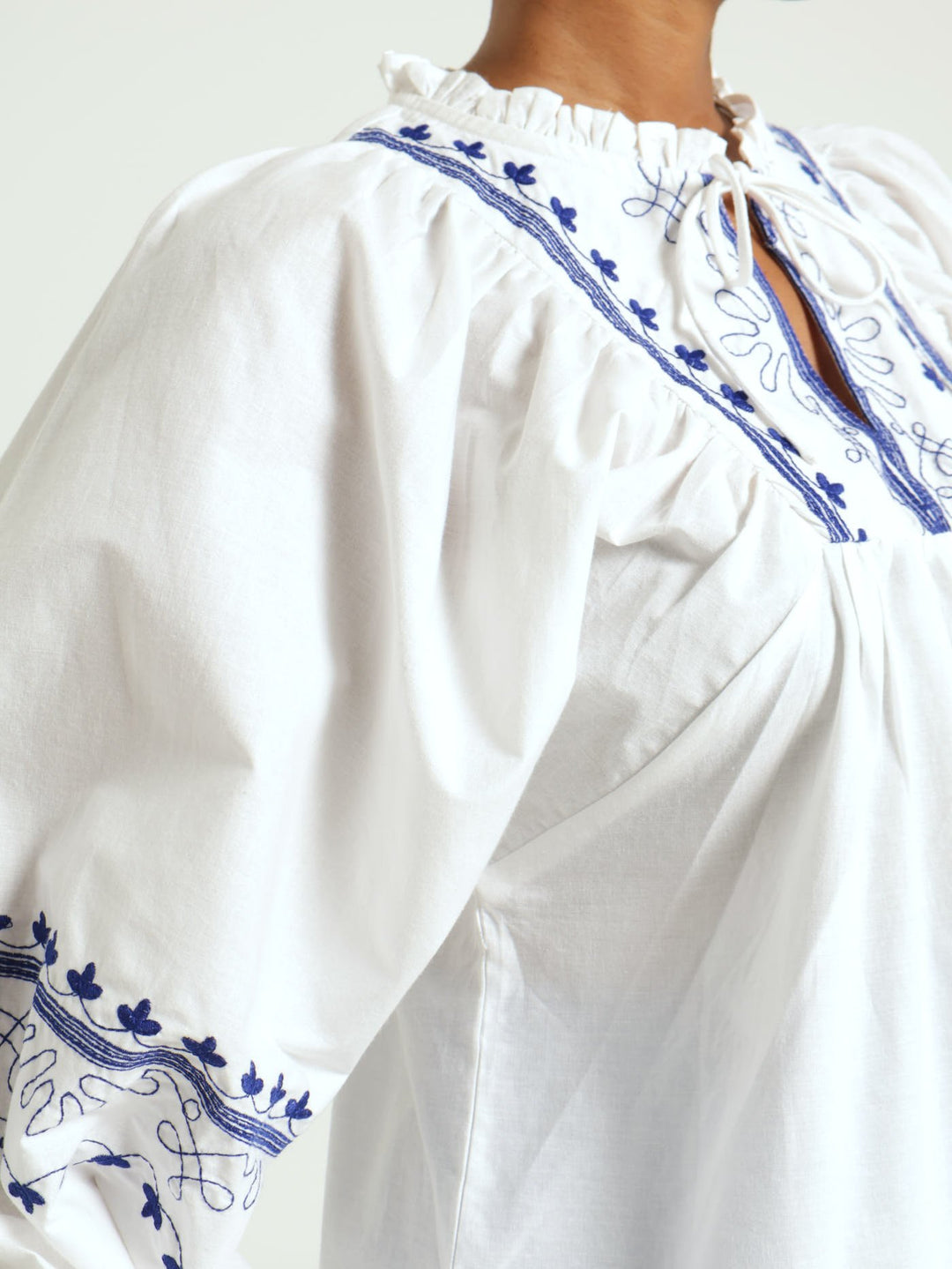 Long Sleeve Greecian Blouse - White/Blue